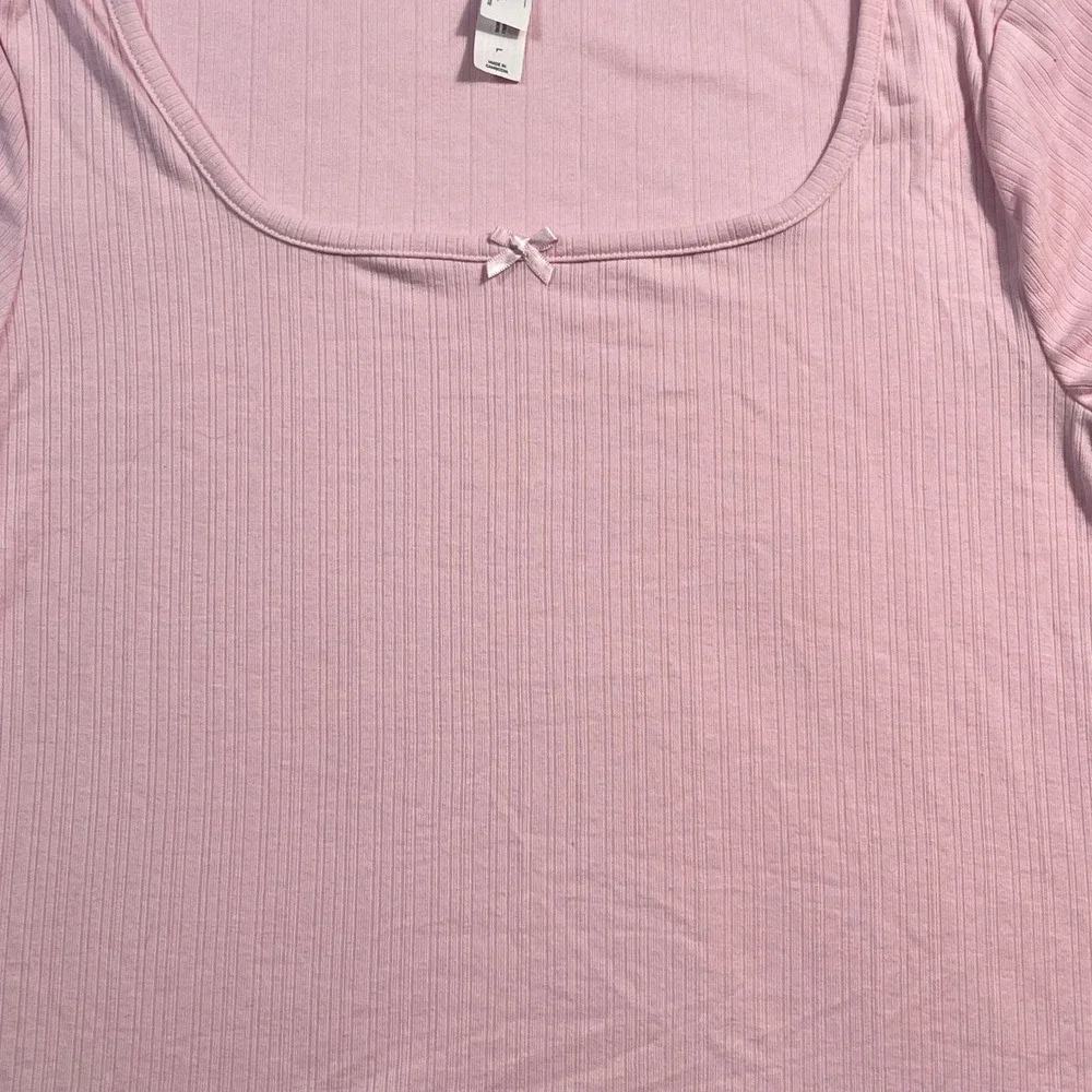 Auden Pink Ribbed Long Sleeve Pajama Top Square Neck Bow Size Large NEW